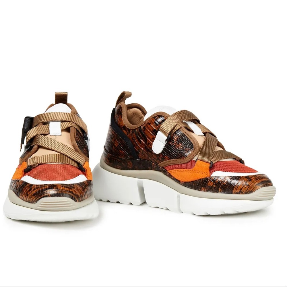 CHLOÉ Sonnie mesh-trimmed lizard-effect leather sneakers EU 37
